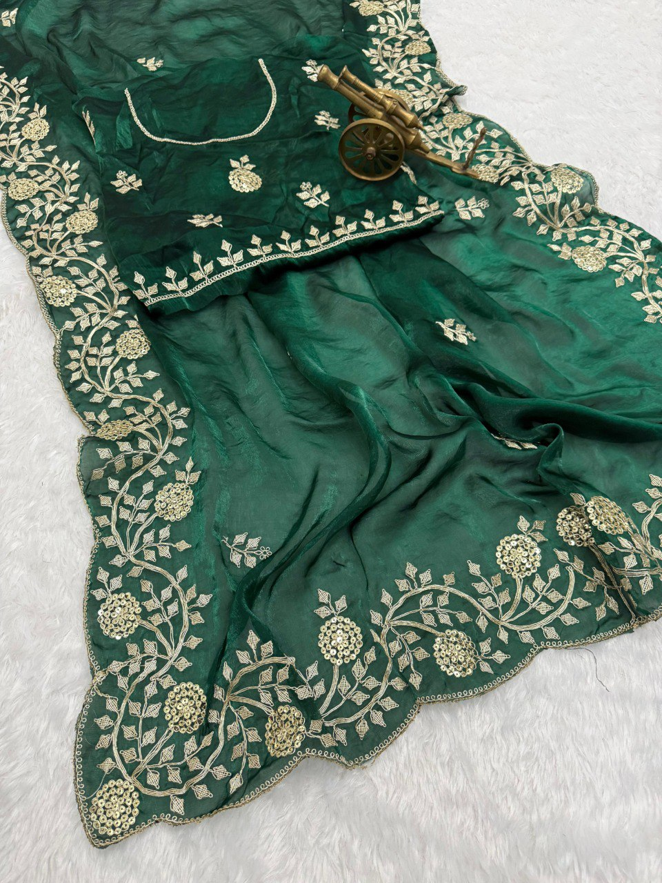 Dark Green Premium Fancy Satin Saree with Multi Thread Floral Embroidery & Arco Cutwork Border