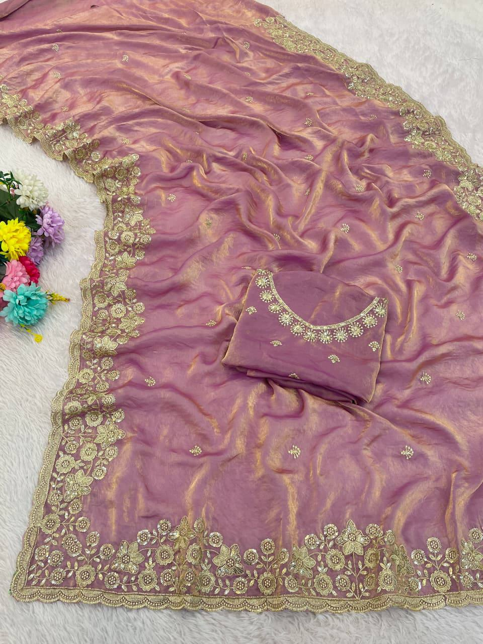 Mauve Pink Premium Fancy Satin Saree with 3mm Sequence Embroidery & Arco Cutwork Border