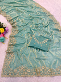 Sky Blue Premium Fancy Satin Saree with 3mm Sequence Embroidery & Arco Cutwork Border