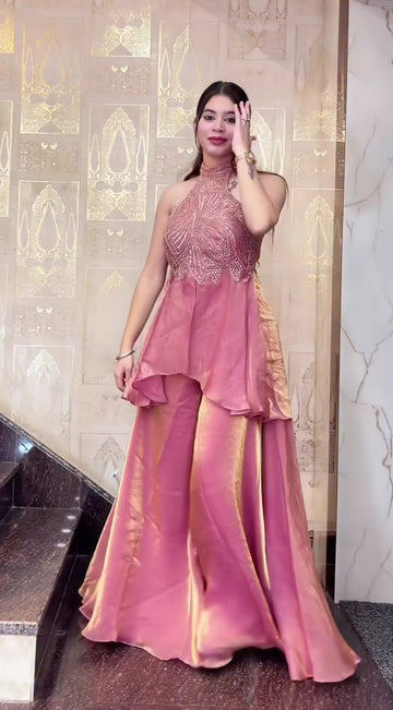 Modern Indo Western Halter Neck Sharara Palazzo Suit Set for Women
