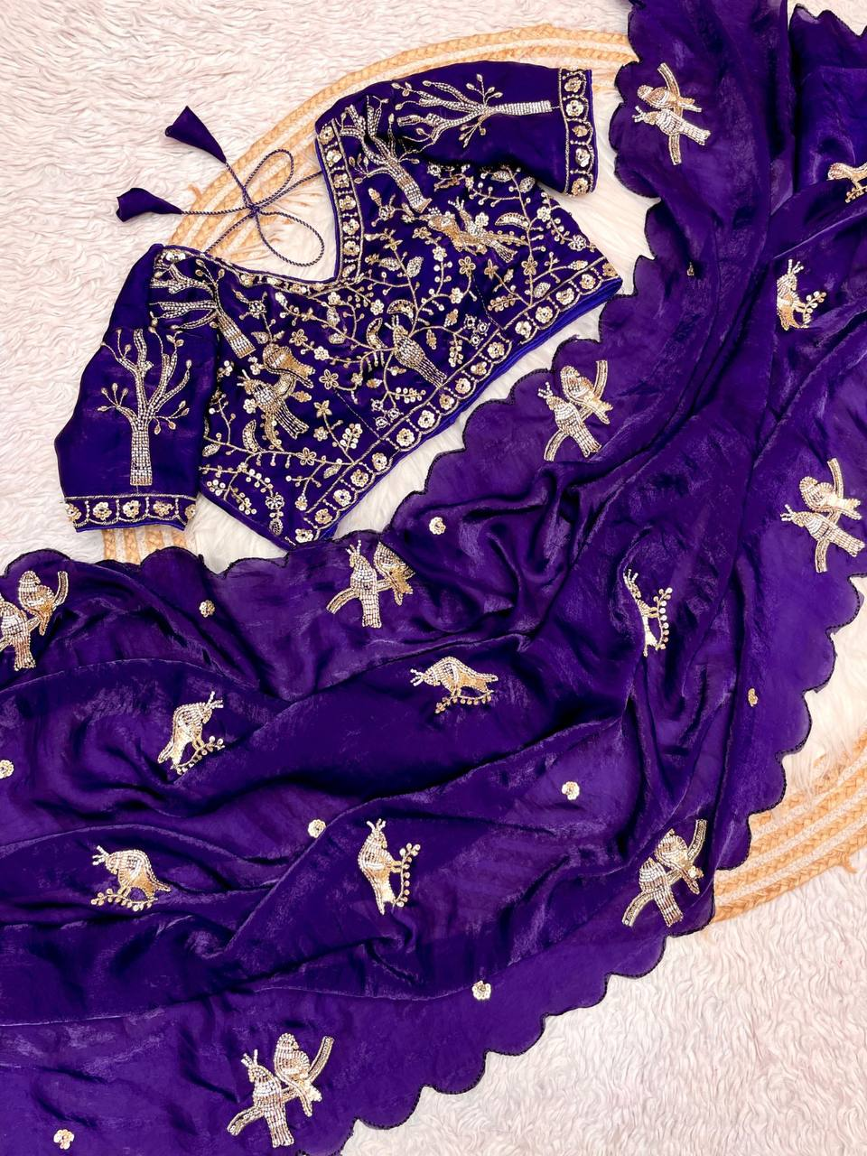 Purple Chakli Saree - Fancy Satin Silk with Sparrow Butta Bits Work & Cutwork Border