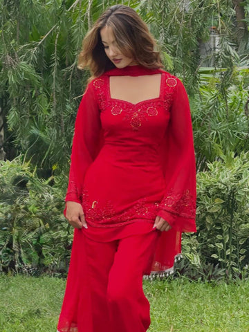 Festive Red Embroidered Kurta Sharara Set with Dupatta for Women | Designer Ethnic Wear for Women