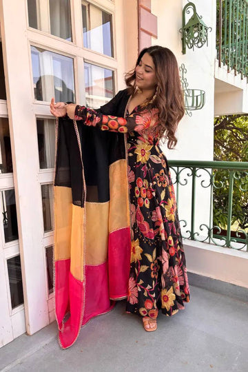 Black Floral Embroidered Anarkali Suit Set for Women with Silk Dupatta
