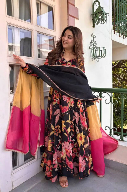 Black Floral Embroidered Anarkali Suit Set for Women with Silk Dupatta
