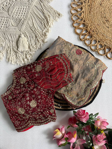 Beige Brown Pure Fancy Satin Saree with Maroon Heavy Embroidered Stitched Blouse