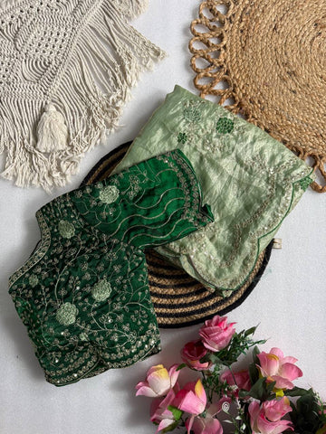 Pista Green Pure Fancy Satin Saree with Dark Green Heavy Embroidered Stitched Blouse