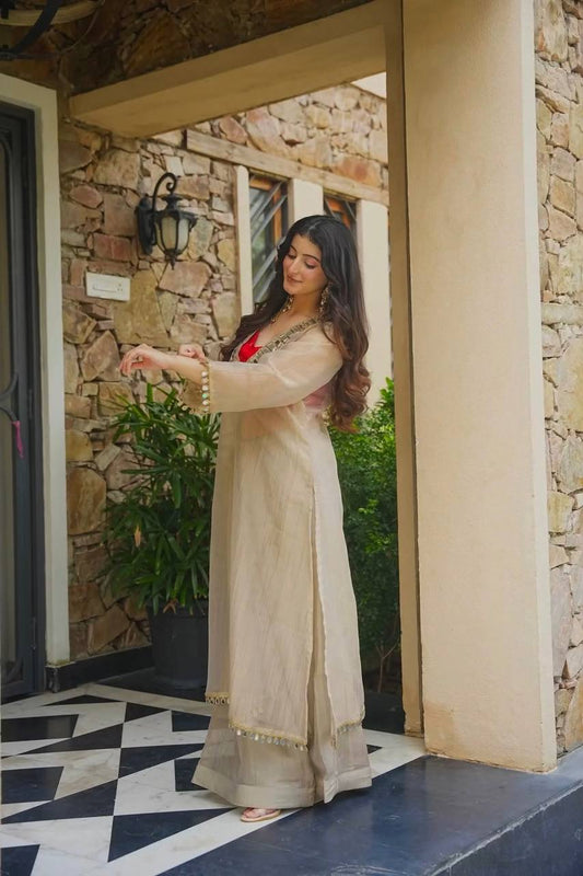 Mirror Work Anarkali Suit Set for Women - Silk Kurta with Net Sleeves