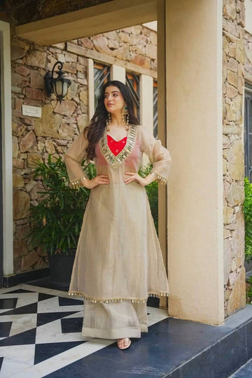 Mirror Work Anarkali Suit Set for Women - Silk Kurta with Net Sleeves