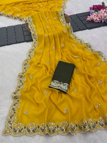 Bright Yellow Pure Star Georgette Silk Saree with Sequin, Zari & Cutwork Border