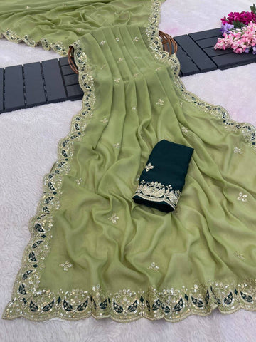 Olive Green Pure Star Georgette Silk Saree with Sequin, Zari & Cutwork Border