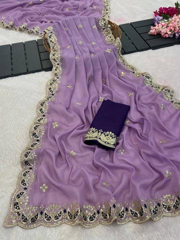 Lavender Purple Pure Star Georgette Silk Saree with Sequin, Zari & Cutwork Border