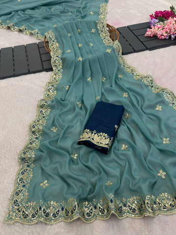 Dusty Teal Blue Pure Star Georgette Silk Saree with Sequin, Zari & Cutwork Border