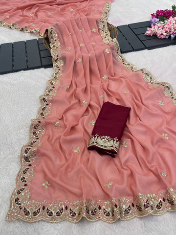 Peach Pink Pure Star Georgette Silk Saree with Sequin, Zari & Cutwork Border