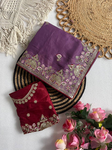 Purple Pure Star Georgette Saree with Elephant C-Pallu Sequin Embroidery