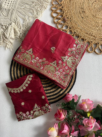 Maroon Red Pure Star Georgette Saree with Elephant C-Pallu Sequin Embroidery