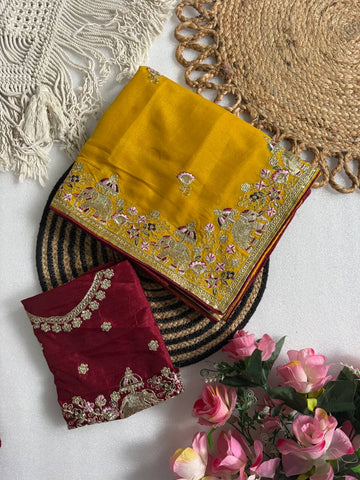 Mustard Yellow Pure Star Georgette Saree with Elephant C-Pallu Sequin Embroidery