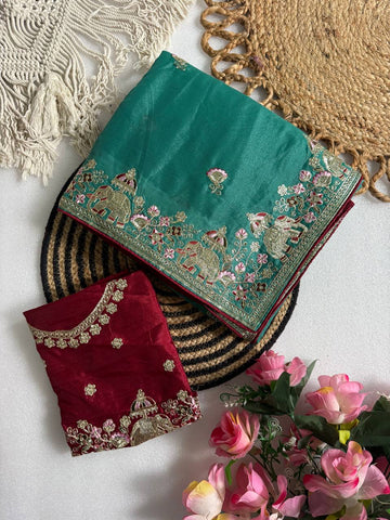 Teal Green Pure Star Georgette Saree with Elephant C-Pallu Sequin Embroidery