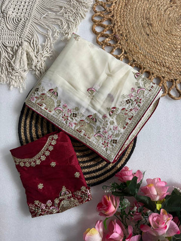 Off-White Pure Star Georgette Saree with Elephant C-Pallu Sequin Embroidery