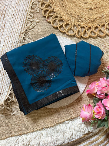 Peacock Blue Premium Georgette Saree with Floral 3mm Sequin Embroidery & Contrast Sequin Lace Border