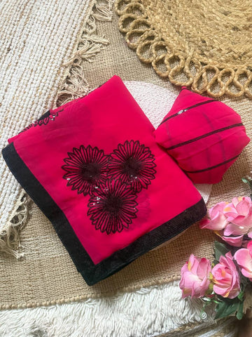 Rani Pink Premium Georgette Saree with Floral 3mm Sequin Embroidery & Contrast Sequin Lace Border
