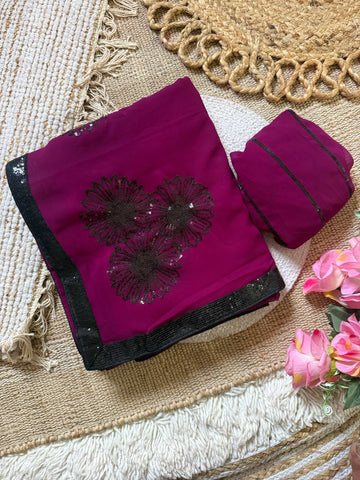 Magenta Purple Premium Georgette Saree with Floral 3mm Sequin Embroidery & Contrast Sequin Lace Border