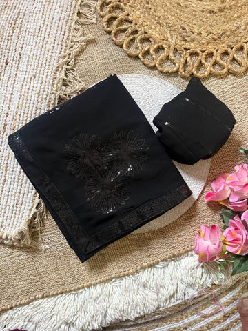 Jet Black Premium Georgette Saree with Floral 3mm Sequin Embroidery & Matching Sequin Lace Border