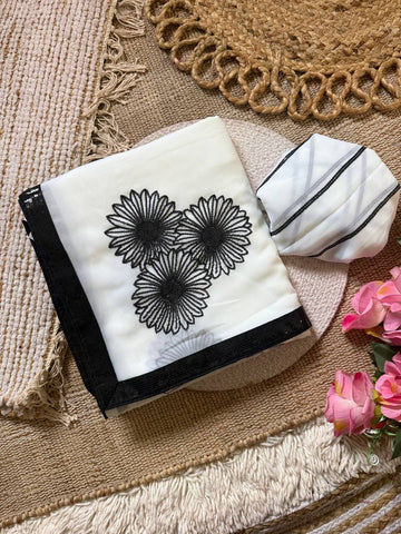 Off-White Premium Georgette Saree with Floral 3mm Sequin Embroidery & Black Sequin Lace Border