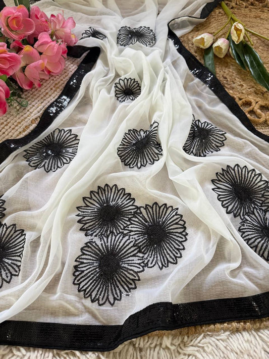 Off-White Premium Georgette Saree with Floral 3mm Sequin Embroidery & Black Sequin Lace Border