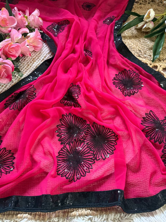Rani Pink Premium Georgette Saree with Floral 3mm Sequin Embroidery & Contrast Sequin Lace Border