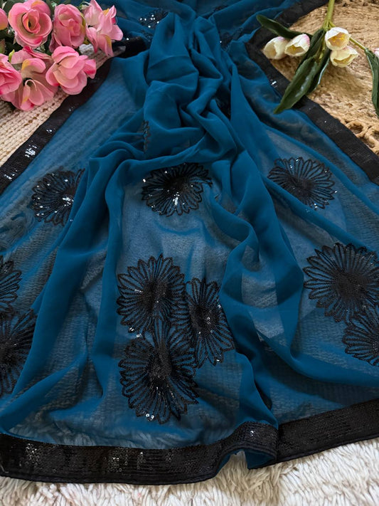 Peacock Blue Premium Georgette Saree with Floral 3mm Sequin Embroidery & Contrast Sequin Lace Border