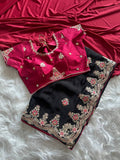 Black Rich Nylon Fandy Silk Saree with Heavy Golden Codding Dori & Sequins Embroidery