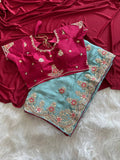 Sky Blue Rich Nylon Fandy Silk Saree with Heavy Golden Codding Dori & Sequins Embroidery
