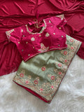 Sage Green Rich Nylon Fandy Silk Saree with Heavy Golden Codding Dori & Sequins Embroidery