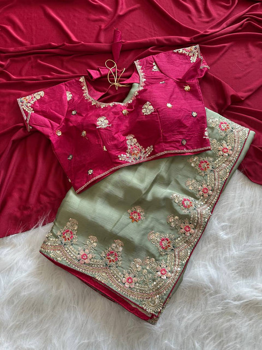 Sage Green Rich Nylon Fandy Silk Saree with Heavy Golden Codding Dori & Sequins Embroidery