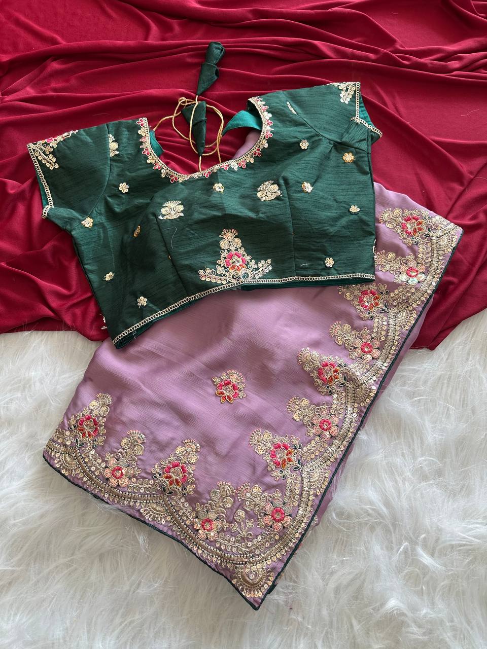 Mauve Purple Rich Nylon Fandy Silk Saree with Heavy Golden Codding Dori & Sequins Embroidery