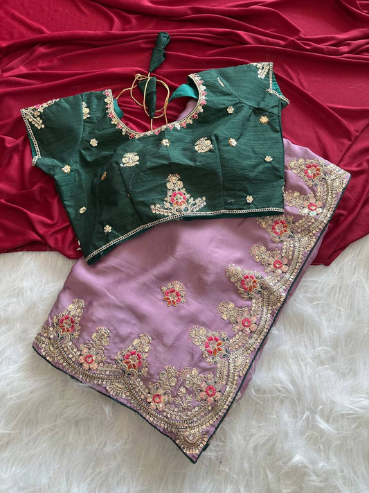 Mauve Purple Rich Nylon Fandy Silk Saree with Heavy Golden Codding Dori & Sequins Embroidery