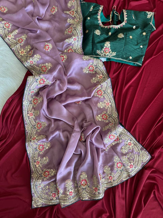 Mauve Purple Rich Nylon Fandy Silk Saree with Heavy Golden Codding Dori & Sequins Embroidery
