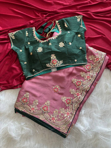 Dusty Rose Rich Nylon Fandy Silk Saree with Heavy Golden Codding Dori & Sequins Embroidery