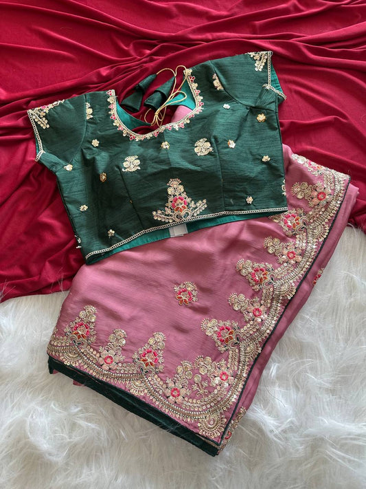 Dusty Rose Rich Nylon Fandy Silk Saree with Heavy Golden Codding Dori & Sequins Embroidery