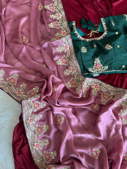 Dusty Rose Rich Nylon Fandy Silk Saree with Heavy Golden Codding Dori & Sequins Embroidery
