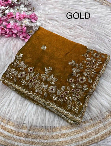 Mustard Gold Heavy Fancy Chiffon Silk Saree with Zari Sequence Embroidered Pallu & Cutwork Border