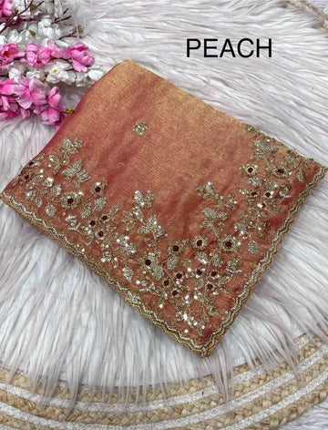 Coral Pink Heavy Fancy Chiffon Silk Saree with Zari Sequence Embroidered Pallu & Cutwork Border