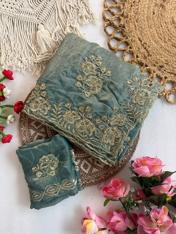 Dusty Teal Blue Pure Fandy Satin Saree with Beads & Sequin Floral Cutwork Border