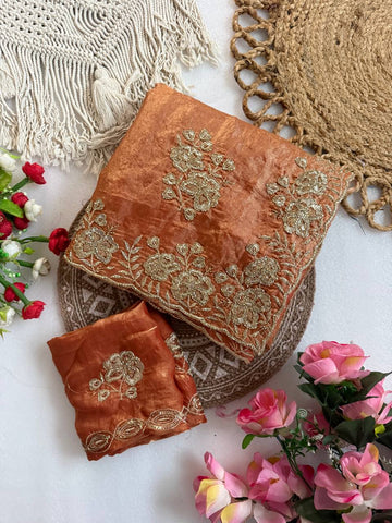 Rust Orange Pure Fancy Satin Saree with Beads & Sequin C-Pallu Embroidery