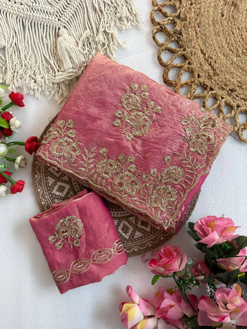 Dusty Pink Pure Fancy Satin Saree with Beads & Sequin C-Pallu Embroidery