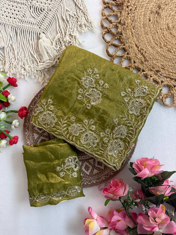Olive Green Pure Fancy Satin Saree with Beads & Sequin C-Pallu Embroidery