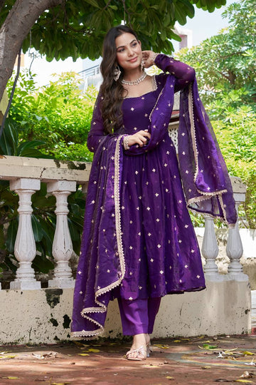 Royal Purple Traditional Anarkali Suit Set for Women with Dupatta