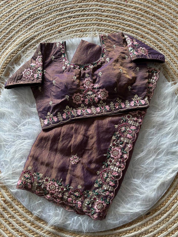 Mauve Pure Soft Khadi Moss Silk Saree with Floral Sequence Embroidery & Double Line Aarco Border