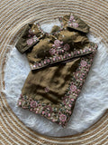 Olive Gold Pure Soft Khadi Moss Silk Saree with Floral Sequence Embroidery & Double Line Aarco Border