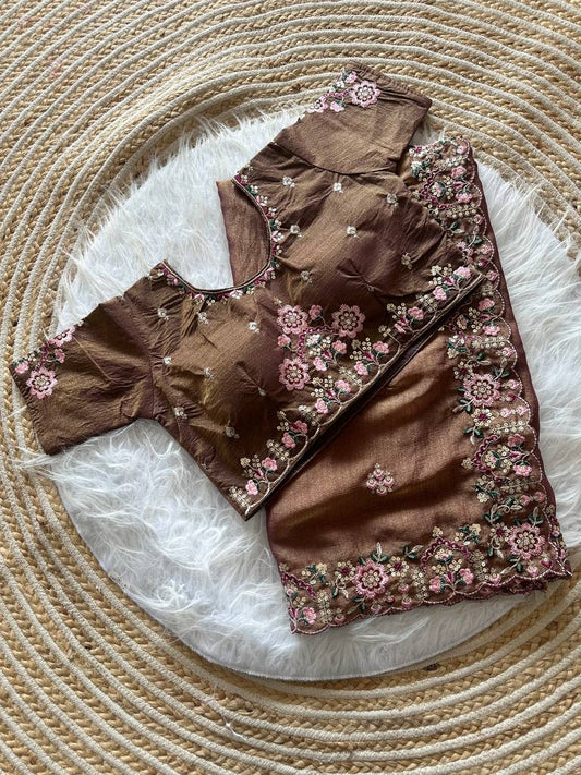 Copper Rose Pure Soft Khadi Moss Silk Saree with Floral Sequence Embroidery & Double Line Aarco Border
